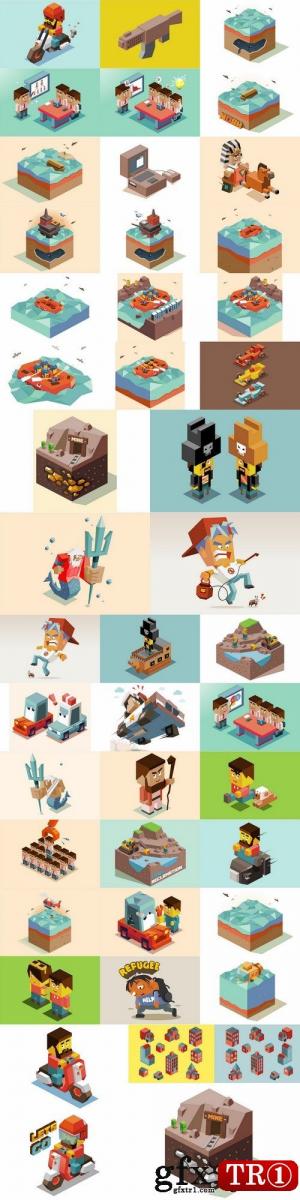 CG天下 矢量模板  低模多边形等距素材 Low Poly Isometric Vector Design Pack 4